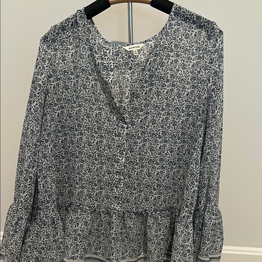 Floral V-Neck Blouse - Blue sz L